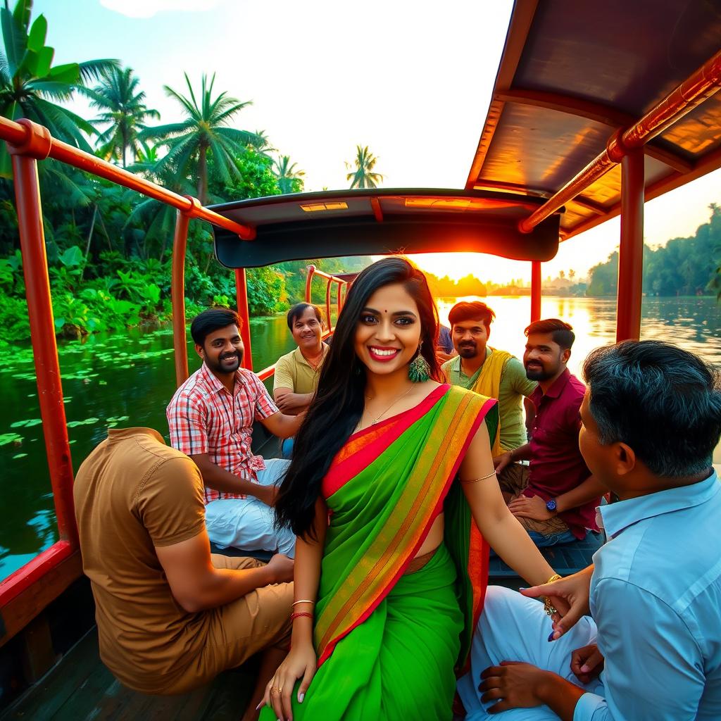 A scene set on a picturesque houseboat in Kerala, surrounded by lush greenery and tranquil waters