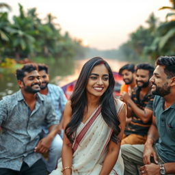 A scene set on a picturesque houseboat in Kerala, surrounded by lush greenery and tranquil waters
