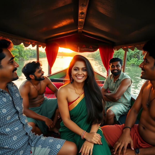 A scene set on a picturesque houseboat in Kerala, surrounded by lush greenery and tranquil waters