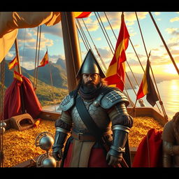 A captivating scene depicting the arrival of Francisco Pizarro in Peru, aboard a majestic ship filled with treasures