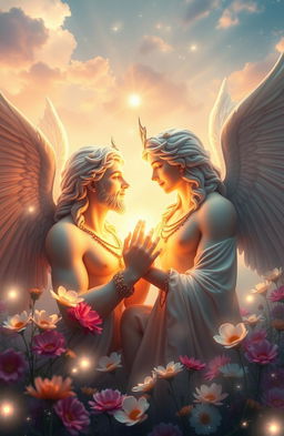 A captivating scene depicting divine beings, symbolizing love, framed against a mystical background of a celestial garden filled with radiant flowers and soft glowing lights