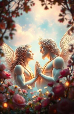 A captivating scene depicting divine beings, symbolizing love, framed against a mystical background of a celestial garden filled with radiant flowers and soft glowing lights