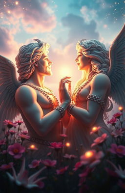 A captivating scene depicting divine beings, symbolizing love, framed against a mystical background of a celestial garden filled with radiant flowers and soft glowing lights