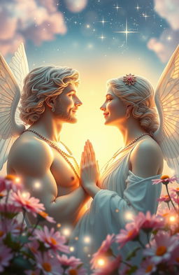 A captivating scene depicting divine beings, symbolizing love, framed against a mystical background of a celestial garden filled with radiant flowers and soft glowing lights