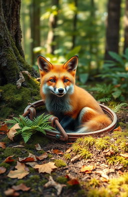 A realistic fox caught in a bear trap nestled in a forest setting