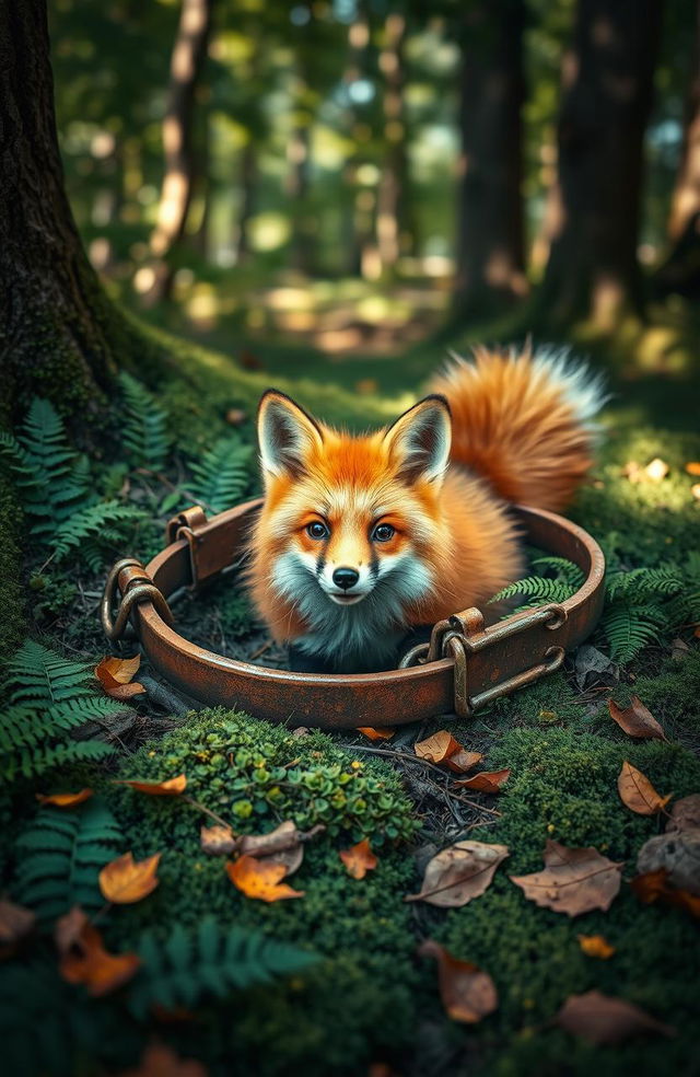 A realistic fox caught in a bear trap nestled in a forest setting