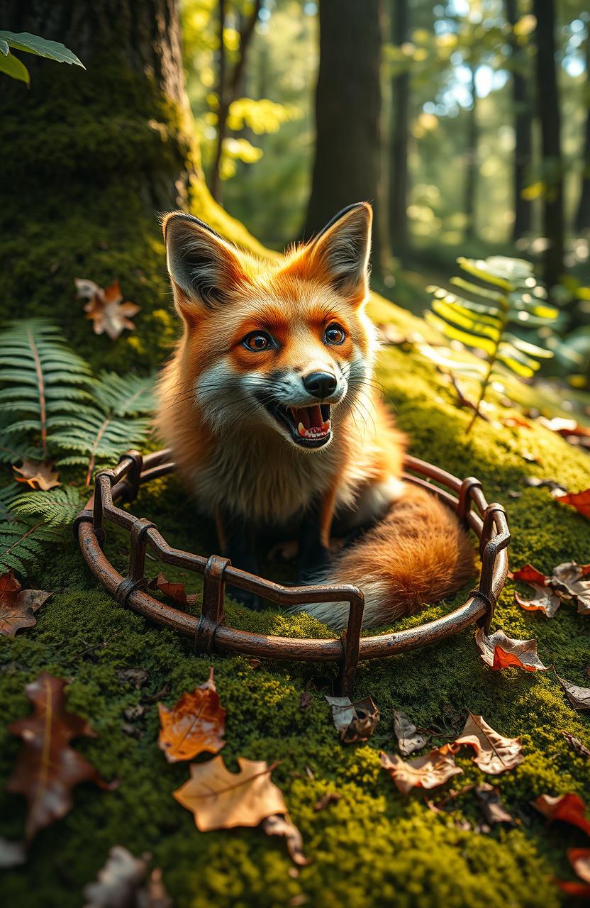 A realistic fox caught in a bear trap nestled in a forest setting