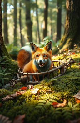 A realistic fox caught in a bear trap nestled in a forest setting