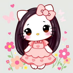 A cute and cheerful illustration of Hello Kitty with long black hair, wearing a lovely, stylish dress