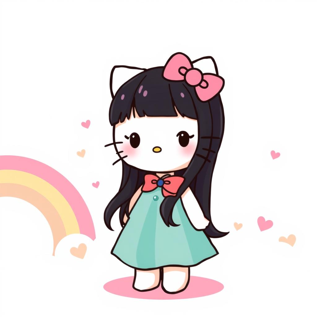 A cute illustration of Hello Kitty with long black hair, wearing an adorable dress