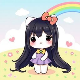 A cute illustration of Hello Kitty with long black hair, wearing an adorable dress