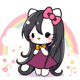 A cute illustration of Hello Kitty with long black hair, wearing an adorable dress