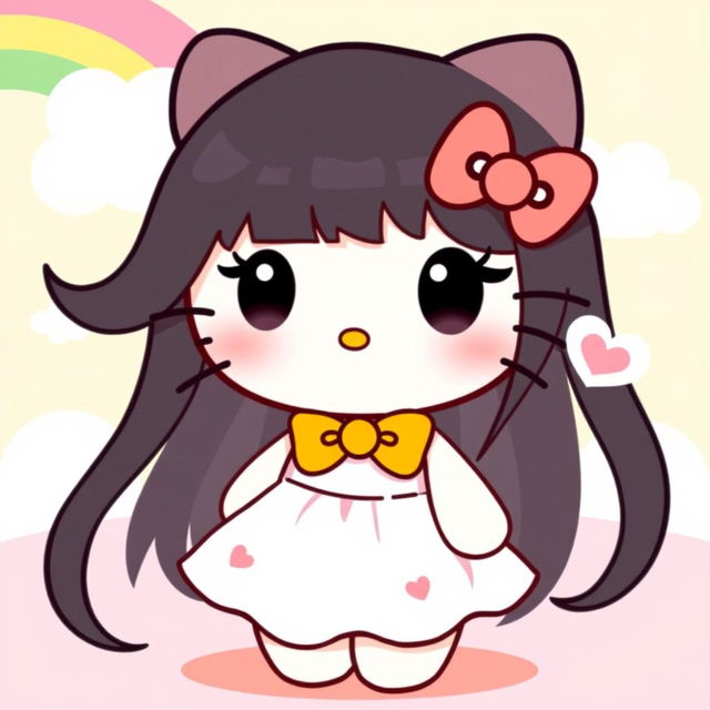 A cute illustration of Hello Kitty with long black hair, wearing an adorable dress