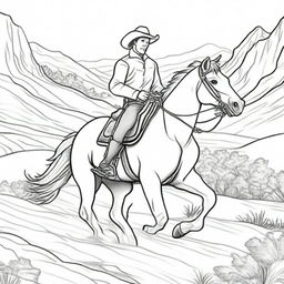 An adventurous cowboy galloping on his trusty horse across a western landscape, presented as a detailed scene for a colouring book page