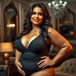 A voluptuous, curvy mature woman with large breasts, exuding confidence and sensuality