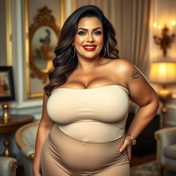 A voluptuous, curvy mature woman with large breasts, exuding confidence and sensuality