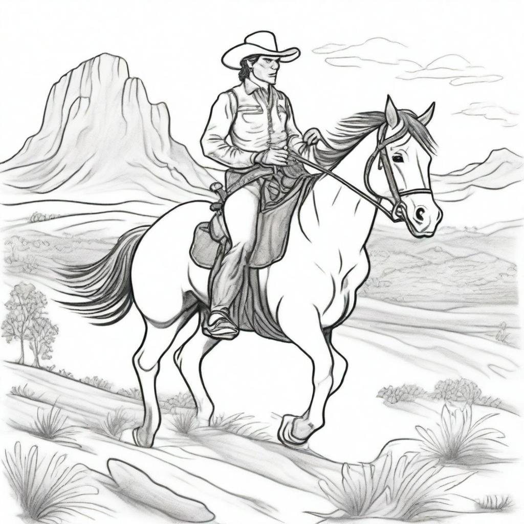 An adventurous cowboy galloping on his trusty horse across a western landscape, presented as a detailed scene for a colouring book page