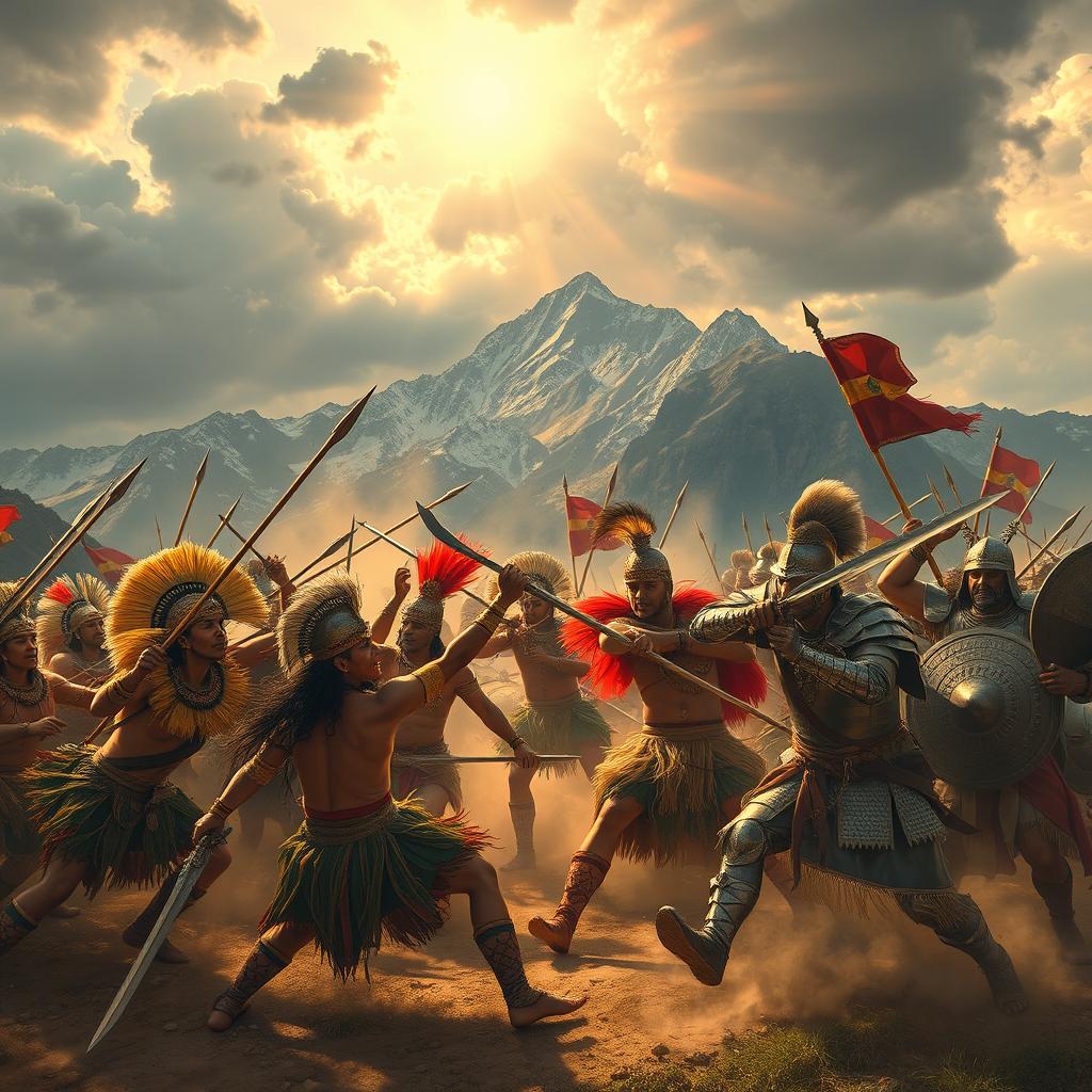 An intense scene depicting a fierce battle between the Incas and Spanish conquistadors, set in the Andean mountains