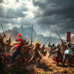 An intense scene depicting a fierce battle between the Incas and Spanish conquistadors, set in the Andean mountains