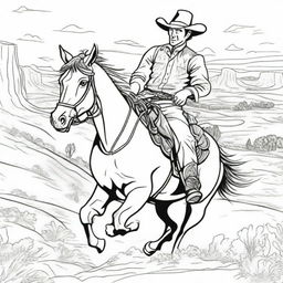 An adventurous cowboy galloping on his trusty horse across a western landscape, presented as a detailed scene for a colouring book page