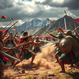 An intense scene depicting a fierce battle between the Incas and Spanish conquistadors, set in the Andean mountains