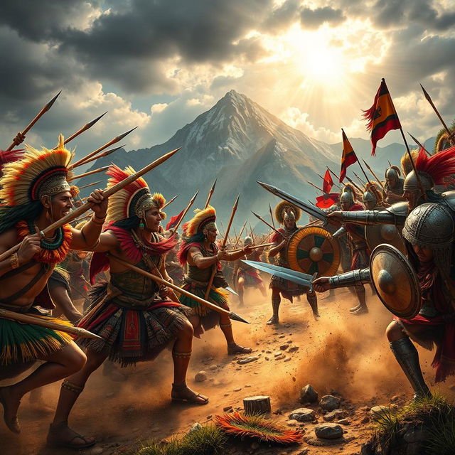 An intense scene depicting a fierce battle between the Incas and Spanish conquistadors, set in the Andean mountains