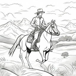 An adventurous cowboy galloping on his trusty horse across a western landscape, presented as a detailed scene for a colouring book page