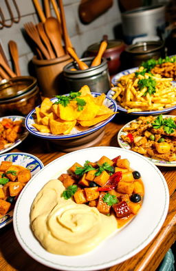 A vibrant and colorful culinary scene featuring a variety of delicious dishes made with manioc (cassava)
