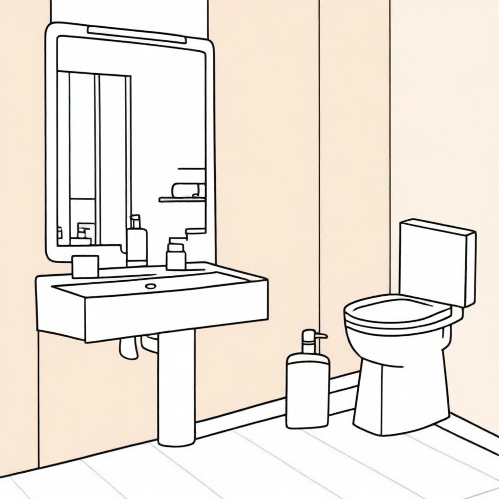 Illustration of a minimalist bathroom featuring a liquid soap bottle and mirror.