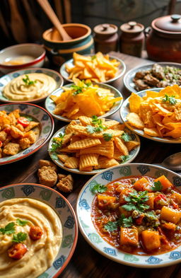 A vibrant and colorful culinary scene featuring a variety of delicious dishes made with manioc (cassava)