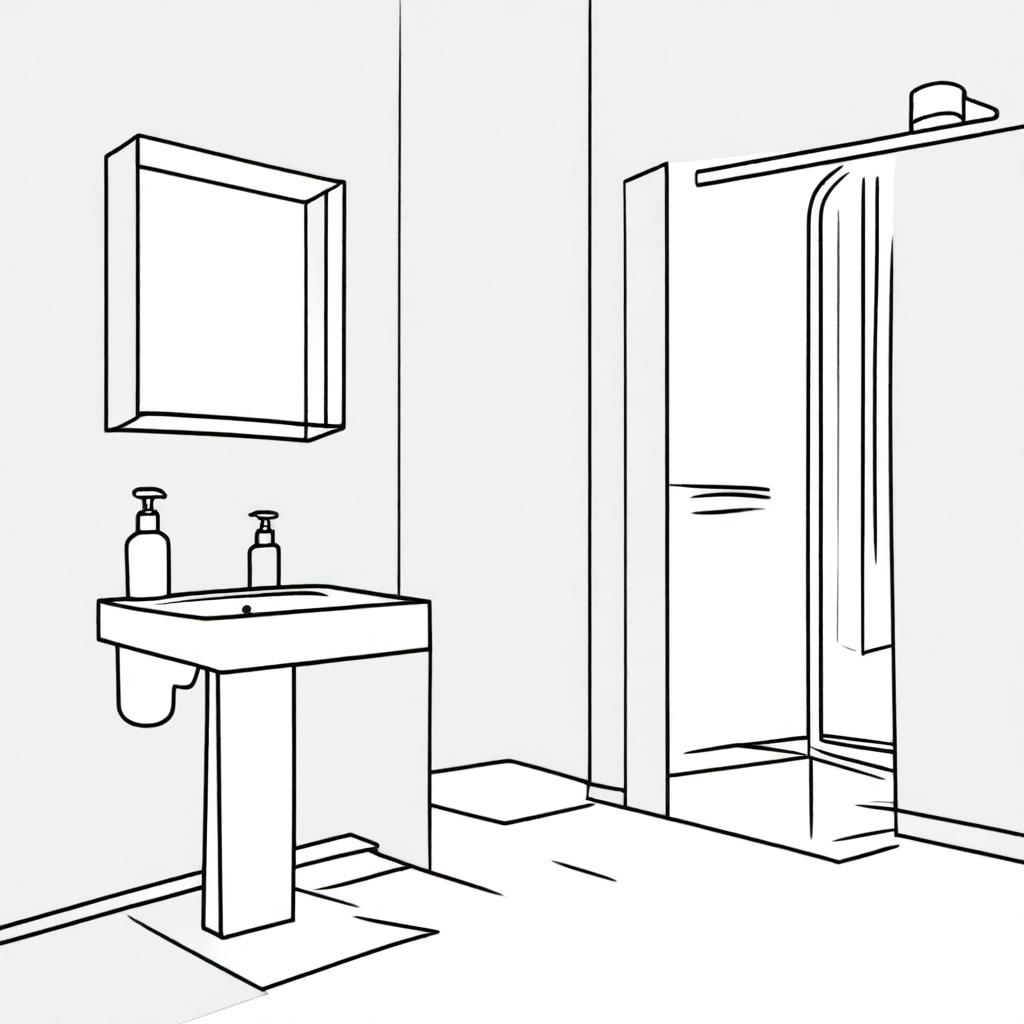 Illustration of a minimalist bathroom featuring a liquid soap bottle and mirror.