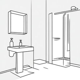 Illustration of a minimalist bathroom featuring a liquid soap bottle and mirror.