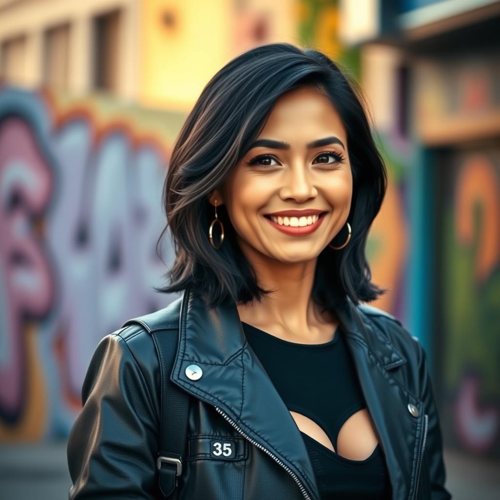 A 35-year-old Latina woman with shoulder-length dark hair and a confident expression, wearing a modern, trendy outfit that highlights her style