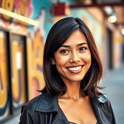 A 35-year-old Latina woman with shoulder-length dark hair and a confident expression, wearing a modern, trendy outfit that highlights her style