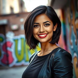 A 35-year-old Latina woman with shoulder-length dark hair and a confident expression, wearing a modern, trendy outfit that highlights her style