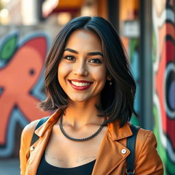 A 35-year-old Latina woman with shoulder-length dark hair and a confident expression, wearing a modern, trendy outfit that highlights her style
