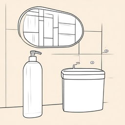 Illustration of a minimalist bathroom featuring a liquid soap bottle and mirror.