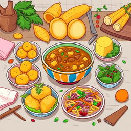 A whimsical and artistic illustration showcasing various culinary creations made from manioc (cassava)