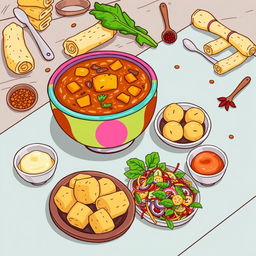 A whimsical and artistic illustration showcasing various culinary creations made from manioc (cassava)
