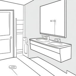 Illustration of a minimalist bathroom featuring a liquid soap bottle and mirror.