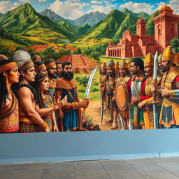 A large mural depicting the first interaction between the Incas and Spanish conquistadors, capturing the moment of cultural exchange and tension