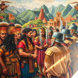A large mural depicting the first interaction between the Incas and Spanish conquistadors, capturing the moment of cultural exchange and tension