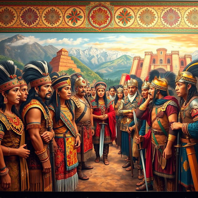 A large mural depicting the first interaction between the Incas and Spanish conquistadors, capturing the moment of cultural exchange and tension