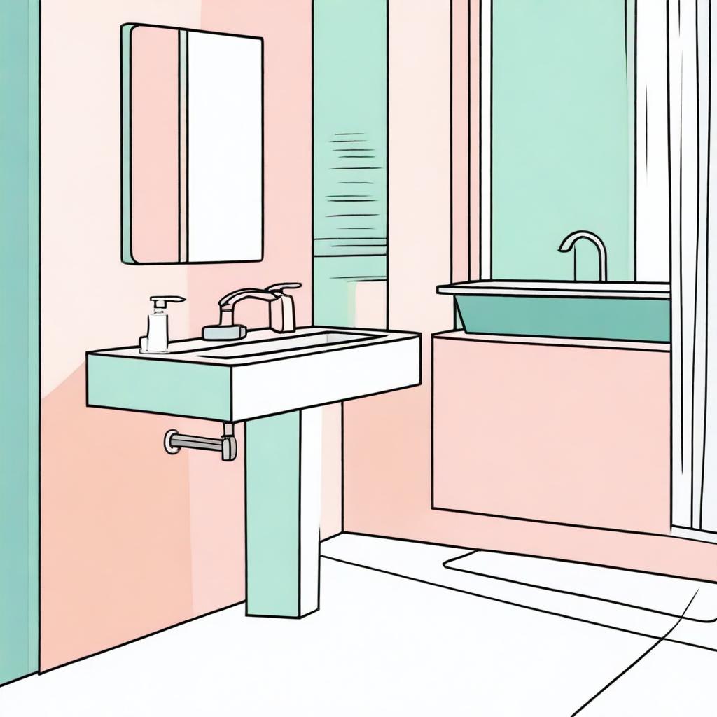 Colorful, realistic illustration of a minimalist bathroom featuring a liquid soap bottle and a mirror.