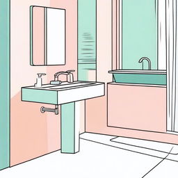 Colorful, realistic illustration of a minimalist bathroom featuring a liquid soap bottle and a mirror.