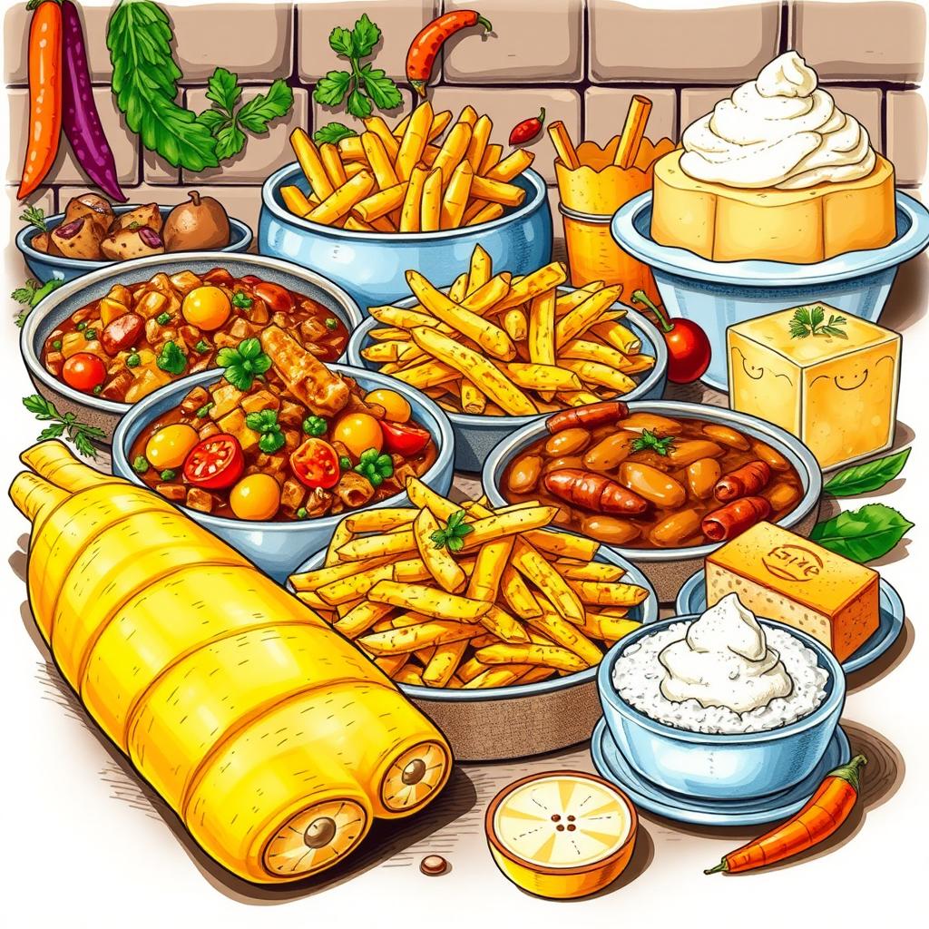 A detailed and artistic illustration focused on the culinary uses of manioc (cassava)