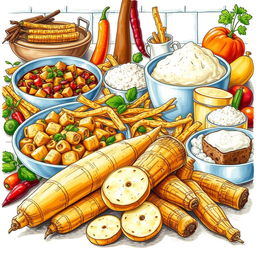 A detailed and artistic illustration focused on the culinary uses of manioc (cassava)