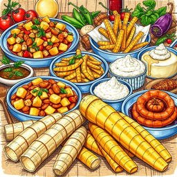 A detailed and artistic illustration focused on the culinary uses of manioc (cassava)