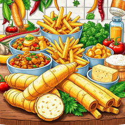A detailed and artistic illustration focused on the culinary uses of manioc (cassava)