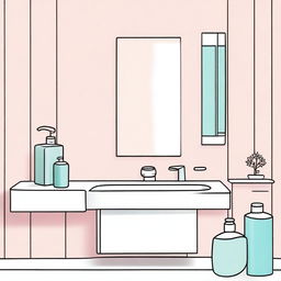 Colorful, realistic illustration of a minimalist bathroom featuring a liquid soap bottle and a mirror.